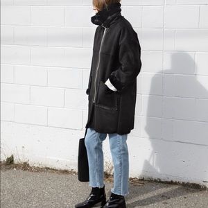 Black Oversized Winter Coat - Suede and sherling